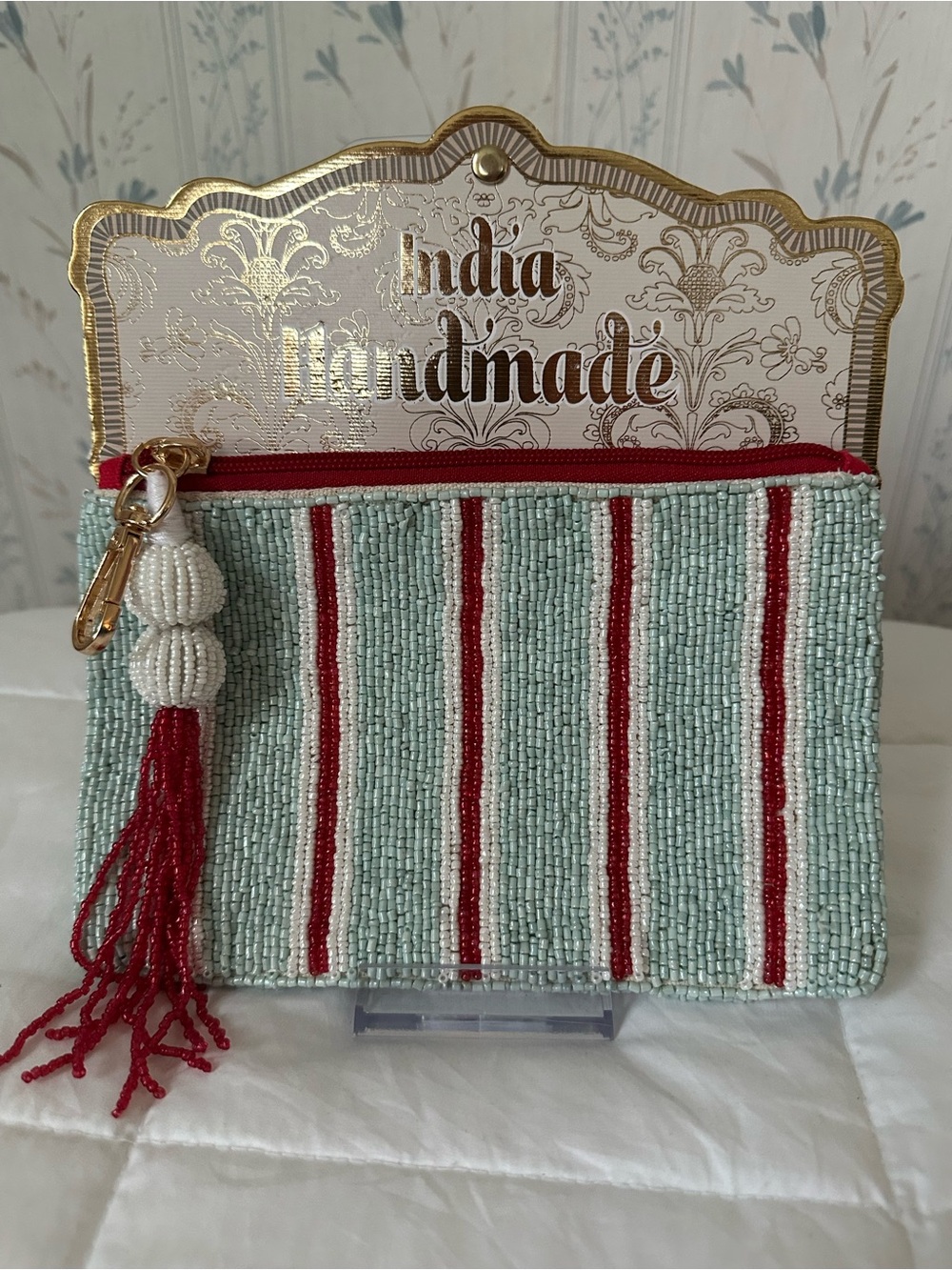 Handmade India Beaded Stripe Wristlet Pouch